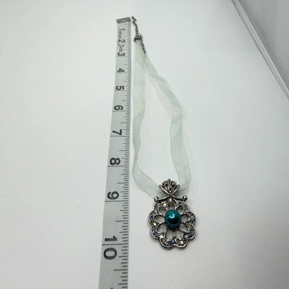 Necklace Teal Faux Pearl AB Rhinestone Silver Tone Flower Organza Ribbon Boho